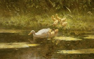 Kacsa kiskacsákkal a folyóparton (olaj, vászon)