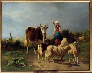 Pásztor tehénnel és báránnyal. Constant Troyon (1810-1865) festménye 19. századi V. 0,73x0,92 m