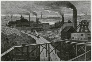 Szénbányászat és terrilek (a boraine kontinens jellemzői). Constant Meunier metszete a „Belgium” történet illusztrálására, Camille Lemonnier (1844-1913) belga író. Megjelent a Le Tour du monde, nouveau Journal des voyages, 1884. évi 2. félévben, e alkotó: Constantin Emile Meunier