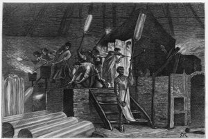 Egy üvegedény belsejében, Lodelinsartban (vagy Lodlinsatban, Charleroi városában). Constant Meunier metszete a „Belgium” történet illusztrálására, Camille Lemonnier (1844-1913) belga író. Megjelent: Le Tour du monde, nouveau Journal des voyages, 2 alkotó: Constantin Emile Meunier