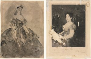 A bálon (recto); A nő legyezővel, Goya után (verso) alkotó: Constantin Guys