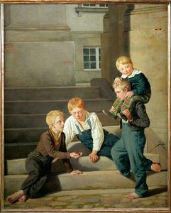 Kockázó fiúk a koppenhágai Christiansborg palota előtt (festmény, vászon) alkotó: Constantin Hansen