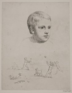 T. N. Thiele gyermekkori felső portréja, alatta négy labdázó fiú alkotó: Constantin Hansen