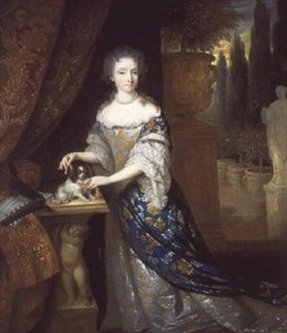 Portré egy lábazaton ülő lapkutyás hölgyről, 1690 körül