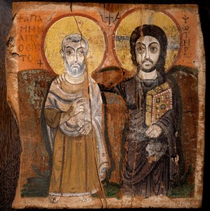 Kopt művészet: „Krisztus és Mena apát” Saint Menas (Minas, Mina, Mena, Mennas), a 3. század egyiptomi vértanúja. 6. vagy 7. századi fafestéktöredék (fügefán detrempe) Mérete: 57x57cm. Az egyiptomi Baouit lelőhelyről. - Kopt művészet: „” Chri