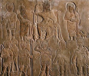 Egy istenített római császárt ábrázoló dombormű, amint egyiptomi nomádok hódolnak neki. alkotó: Coptic