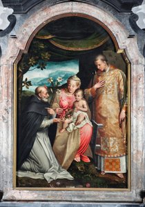 Szűz és gyermek Saint Vincent Ferrier (1350-1419) és Zaragozai Szent Vince (4. század) között (Szűz gyermekével Zaragozai Vincenttel és Vincent Ferrerrel) Coriolano Malagavazzo festménye (16. század) 1595 Elatellani kápolna, Bazilika alkotó: Coriolano Malagavazzo