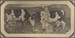Richard Roland Holst ólomüveg ablakhoz készült parasztasszonyokkal és tehenekkel készült tervrajz fotóreprodukciója alkotó: Cornelis Albertus Deul
