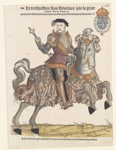 II. francia Henrik portréja páncélban lóháton, jobbra alkotó: Cornelis Anthonisz. (manner of)