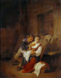 Idős férfi birkózik egy fiatal nővel egy belső térben ... alkotó: Cornelis Bega