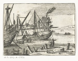 Kikötőre néző két vitorlás és egy galleon, két férfi áll a rakparton Landscapes and Marines (sorozat címe) alkotó: Cornelis Bol (attributed to)