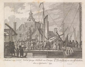 Willem George Frederik megsebesült herceg érkezése Rotterdamba, 1793 Z.D.H. érkezése Willem George Fredrik van Oranje, Rotterdamban, sérülései után, 1793. szeptember 15. (cím a tárgyon) alkotó: Cornelis Brouwer