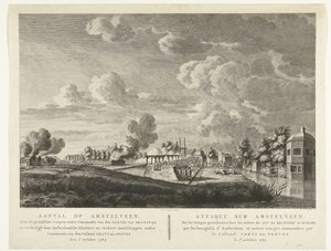 A porosz csapatok 1787. október 1-jén megtámadják Amstelveent, amelyet amszterdami puskák védtek. Támadás Amstelveen ellen ... 1787. október 1-jén (cím a tárgyon) Attaque sur Amstelveen ... le 1er. 1787. október (cím a tárgyon) alkotó: Cornelis Brouwer