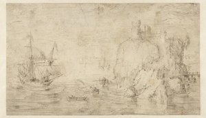 Tengeri tájkép egy hajóval egy sziget közelében alkotó: Cornelis Claesz van Wieringen (attributed to)