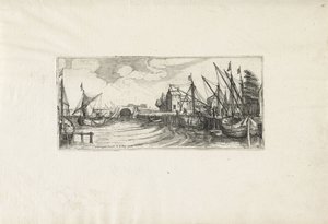 Kilátás a kikötőre zárral Tájképek (sorozat címe) alkotó: Cornelis Claesz van Wieringen (possibly)
