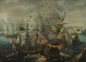 A spanyol zászlóshajó felrobbanása a gibraltári csata során, 1621 körül (olaj, vászon)