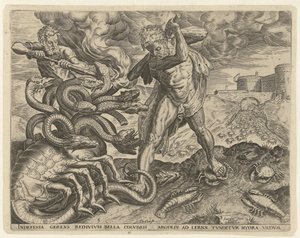 Herkules meghódítja Lerna hidráját Hercules munkái (sorozat címe) alkotó: Cornelis Cort