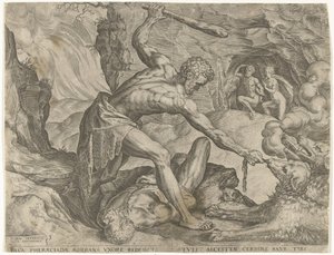 Herkules kirángatja Cerberust a pokolból Hercules munkái (sorozat címe) alkotó: Cornelis Cort