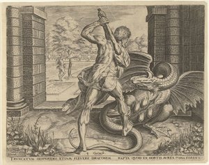 Herkules ellopja a Heszperidok aranyalmáit Hercules munkái (sorozat címe) alkotó: Cornelis Cort