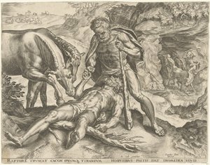 Herkules megeteti Diomédest a lovaival Hercules munkái (sorozat címe) alkotó: Cornelis Cort