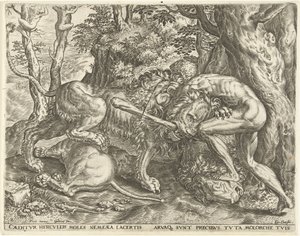 Herkules megfojtja a nemeai oroszlánt Hercules munkái (sorozat címe) alkotó: Cornelis Cort