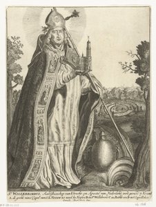 Saint Willibrord érsek az utrechti Dom templommodelljével St. Willebrord (cím a tárgyon) alkotó: Cornelis Danckerts (I)