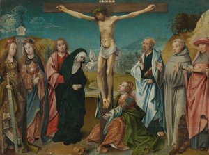 Krisztus a kereszten Máriával, Jánossal, Mária Magdolnával és Szent Cecíliával és Borbálával (balra), valamint Péterrel, Ferenccel és Jeromossal (jobbra)