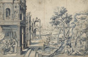 Jákób megkapja Izsák áldását; Jákob létrája alkotó: Cornelis Floris (II)
