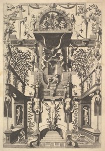 Fantasztikus építészeti szerkezet pántokkal és két pergolával és egy kis jelenettel a Vu...-val, 1557.