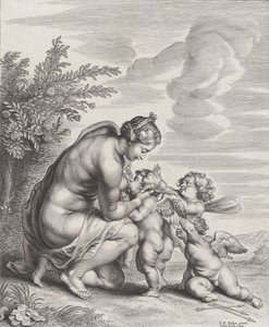 Vénusz három Ámort szoptat egy tájban, kb. 1627-78. alkotó: Cornelis Galle II