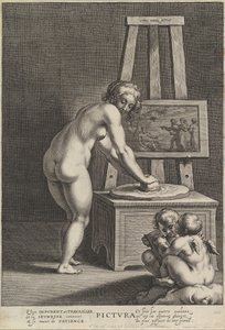 Pictura: a festészet allegóriája, középen egy meztelen nővel, mely pigmenteket csiszol, két p..., kb. 1610-50.
