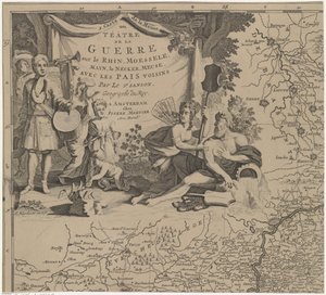 A Brüsszeltől keletre és délre fekvő régió, valamint Namur megye térképe (a levél bal felső részén) Carte de la Meuse ou Téâtre de la Guerre sur le Rhein, Moessele, Mayn, le Necker, Meuse avec les pais voisins (cím a tárgyon) alkotó: Cornelis Huyberts