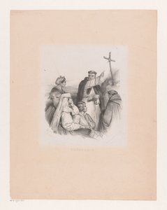 Társaság és szerzetesek egy keresztnél Teológia (cím a tárgyon) alkotó: Cornelis Kruseman
