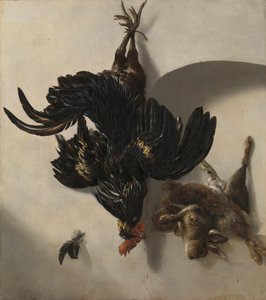 Csendélet fekete kakassal és két nyúllal alkotó: Cornelis Lelienbergh