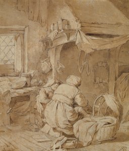 Parasztházi szalon farmerrel, bölcsővel és gyermekkel, 1654 körül (toll és tinta, valamint ceruzával ecsettel papíron) alkotó: Cornelis Pietersz Bega