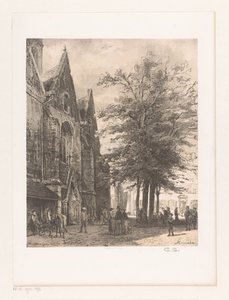 Emberek a hamelini Market templom előtt Hamelin (cím a tárgyon) alkotó: Cornelis Springer