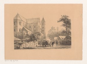 Szarvasmarha kocsival a 11. századi templom előtt Szent Péter templom alkotó: Cornelis Springer