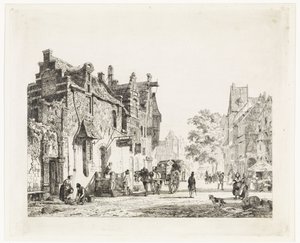 Városkép lovas kocsival alkotó: Cornelis Springer