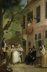 Félrevezetve: A gazemberek nagykövete kitárulkozik a "t Bokki Tavern ablakából a Haarlemmerhoutban, 1739 körül