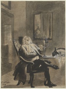 Ülő férfi pipázik gyertyafénynél, miközben kint égnek a házak alkotó: Cornelis Troost