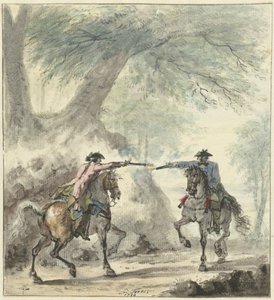 Két lovas, találkoznak egy erdei úton, és tüzelnek egymásra alkotó: Cornelis Troost