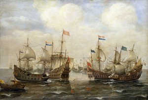 Összecsapás a spanyolok és a hollandok között, 1630 körül, minden hajónak saját zászlója van, balra egy hajó a Holland Általános Államok zászlaját viseli. alkotó: Cornelis Verbeeck