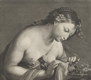 Erigone egy tál szőlő fölé hajol, és két kézzel felemel egy ruhadarabot,..., kb. 1700.
