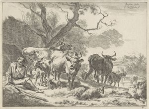 Pihenő öreg pásztor a nyájával Tájképek (sorozat címe) alkotó: Cornelis Visscher (II)