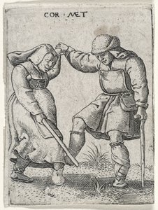 Egy bekötözött lábú férfi táncol egy nővel, 1572 (metszet fektetett papírra)