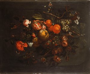 Egy csokor gyümölcs és virág lóg egy szögben egy fülkében alkotó: Cornelis de Heem