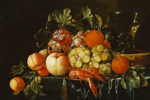 Őszibarack, narancs, szőlő és langoustine óntányéron és kúpos roemer dobozon, részben terített párkányon, alkotó: Cornelis de Heem