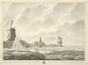 Kilátás a jégsarlóra, a gorinchemi Runmolen mögötti mellvéden és a mellvéden, 1799. február 20-án alkotó: Cornelis de Jonker