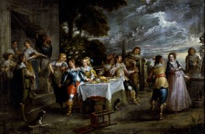 A tékozló fiú története: disszipáció. Cornelis De Wael (1592-1667) festménye, 1630-1639 körül. flamand művészet. Olajfestmény. Mérete: 57x86 cm. Gének, Privee Collection.