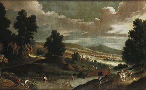 Tájkép vándorokkal és halászokkal alkotó: Cornelis de Wael